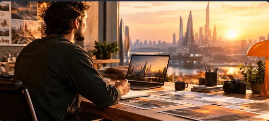 Creative professional creating visuals in a bright city studio