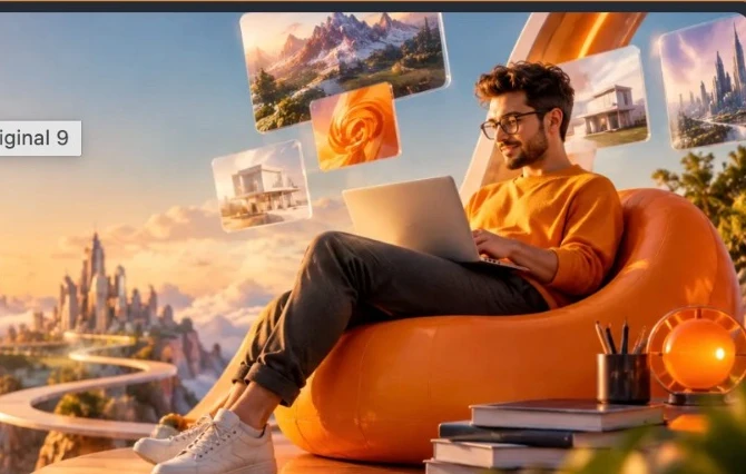Joyful creator with golden light and imaginative world