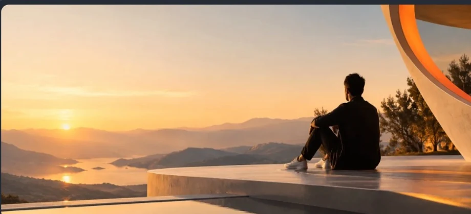 Meditative figure overlooking a soft sunrise landscape